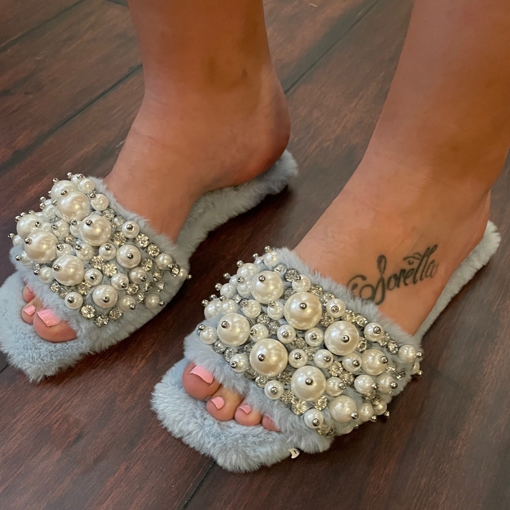 Jeffrey Campbell baby blue pearl and gem embellished furry slides